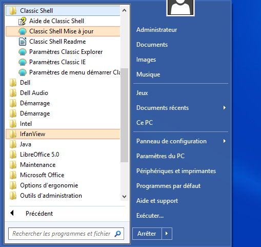 ClassicShell logiciel gratuit qui permet d'afficher le menu demarrer classic de windows 7
